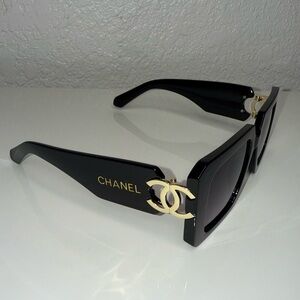 CHANEL Black Square Sunglasses with Gold CC Accent